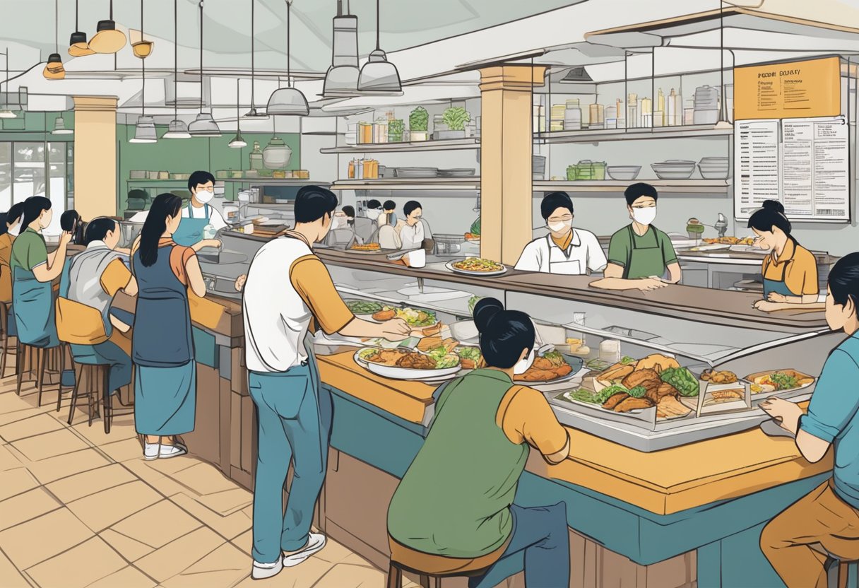 A bustling restaurant with customers ordering at the counter, while staff members busily prepare and serve dishes. The menu prominently displays the words "Frequently Asked Questions poulet singapore."