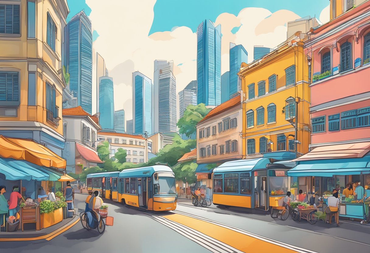 Vibrant cityscape with iconic Singapore buildings and landmarks, bustling streets, and colorful street vendors