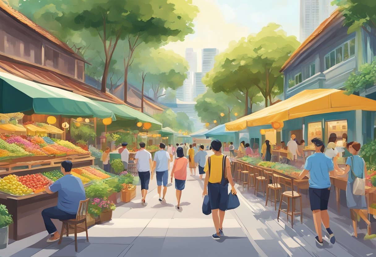 People strolling through lush gardens, dining at outdoor cafes, and exploring colorful markets in Singapore this weekend