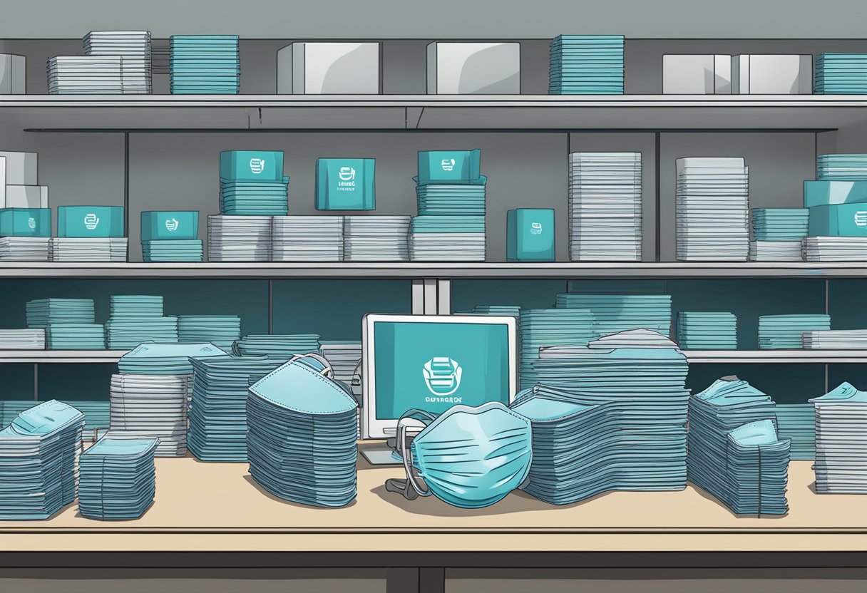A table with stacks of surgical face masks branded with "Singaporean Brands and Manufacturers" logo