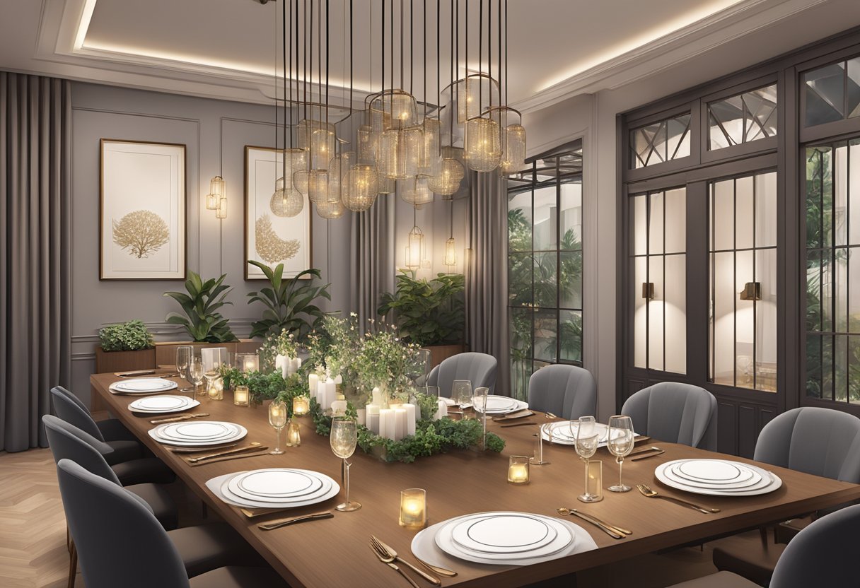 A cozy private dining room in Singapore with elegant decor and ambient lighting, set with a beautifully arranged table for an intimate gathering