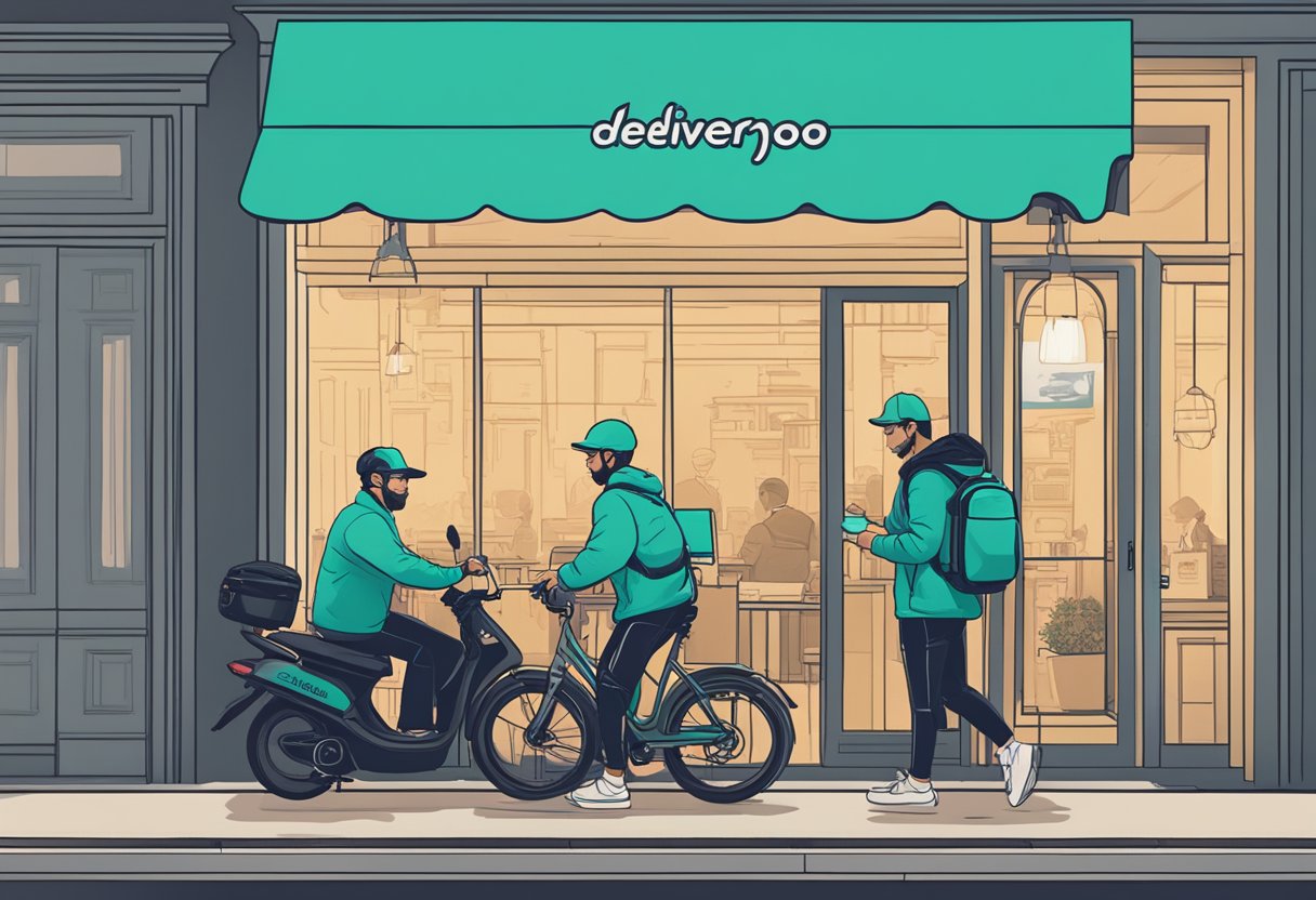 A delivery rider picks up a bag from a restaurant, while a customer eagerly awaits their order at home. The Deliveroo logo is prominently displayed on the rider's bag