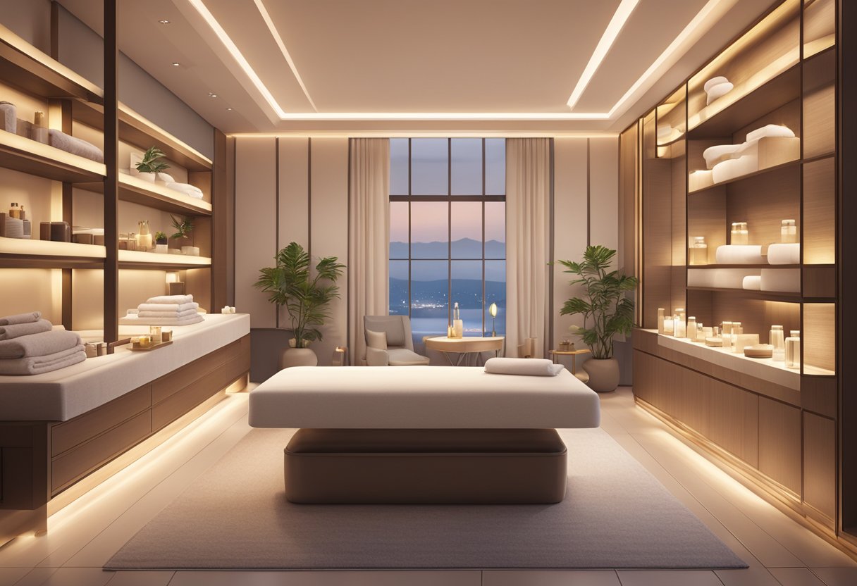 A serene spa room in Singapore, with a comfortable treatment bed, soft lighting, and shelves filled with luxurious skincare products