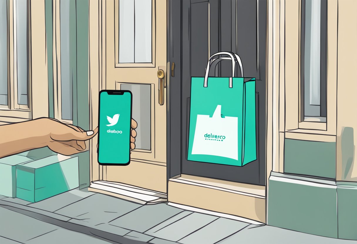 A delivery bag sits on a doorstep, with a smartphone displaying the Deliveroo app nearby. A customer's hand reaches out to grab the bag