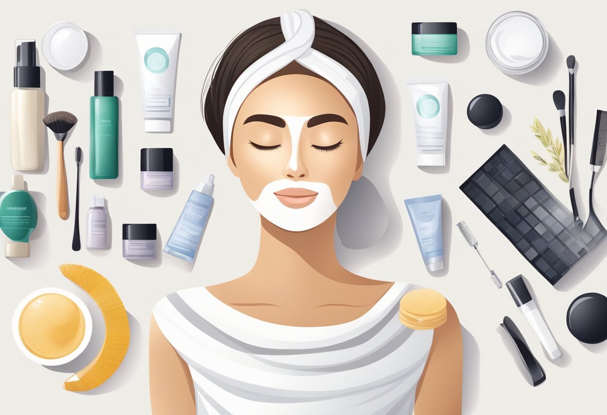 A person receiving a facial treatment at a spa, with various skincare products and tools laid out on a clean, white table
