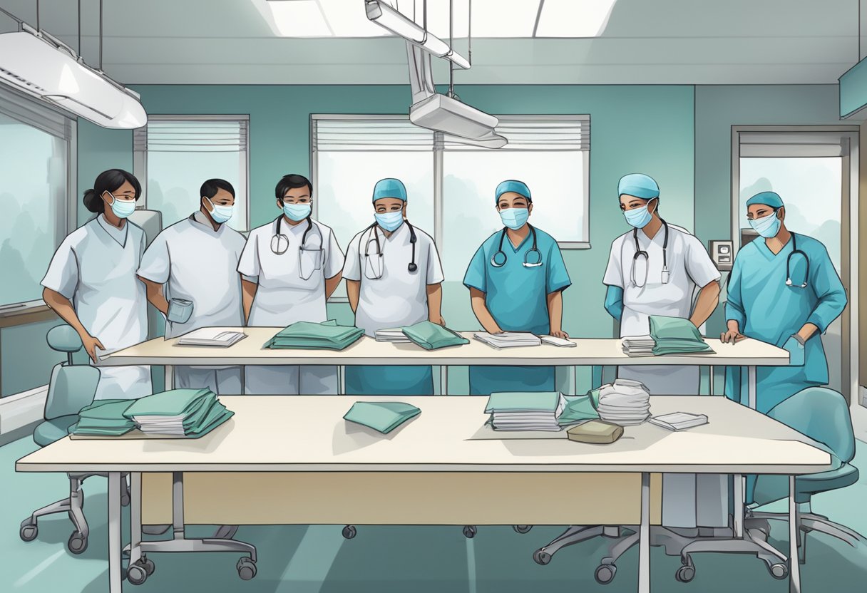 A table with various surgical face masks, a sign with "Frequently Asked Questions" in a medical setting in Singapore