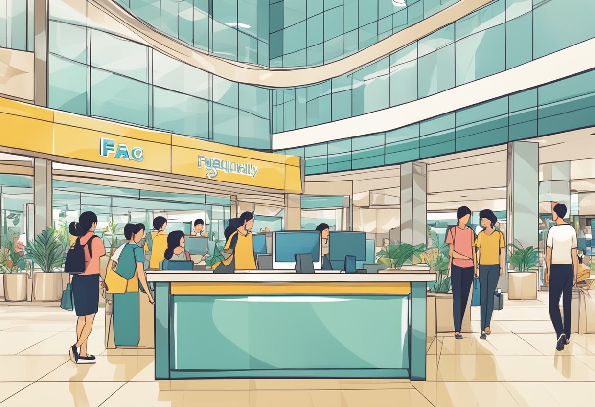 A customer service desk with a sign reading "Frequently Asked Questions" in a bustling Singaporean mall