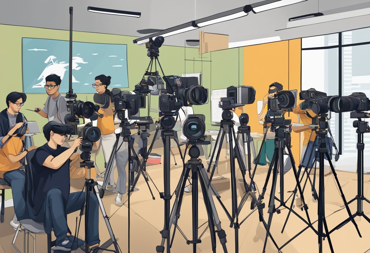 A group of students in a photography class in Singapore, surrounded by cameras, tripods, and various photography equipment