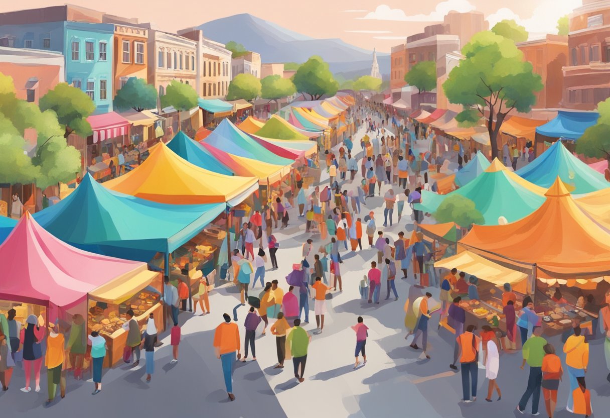 A bustling street filled with colorful tents, food stalls, and live music. People of all ages explore the vibrant festival, enjoying cultural performances and interactive activities