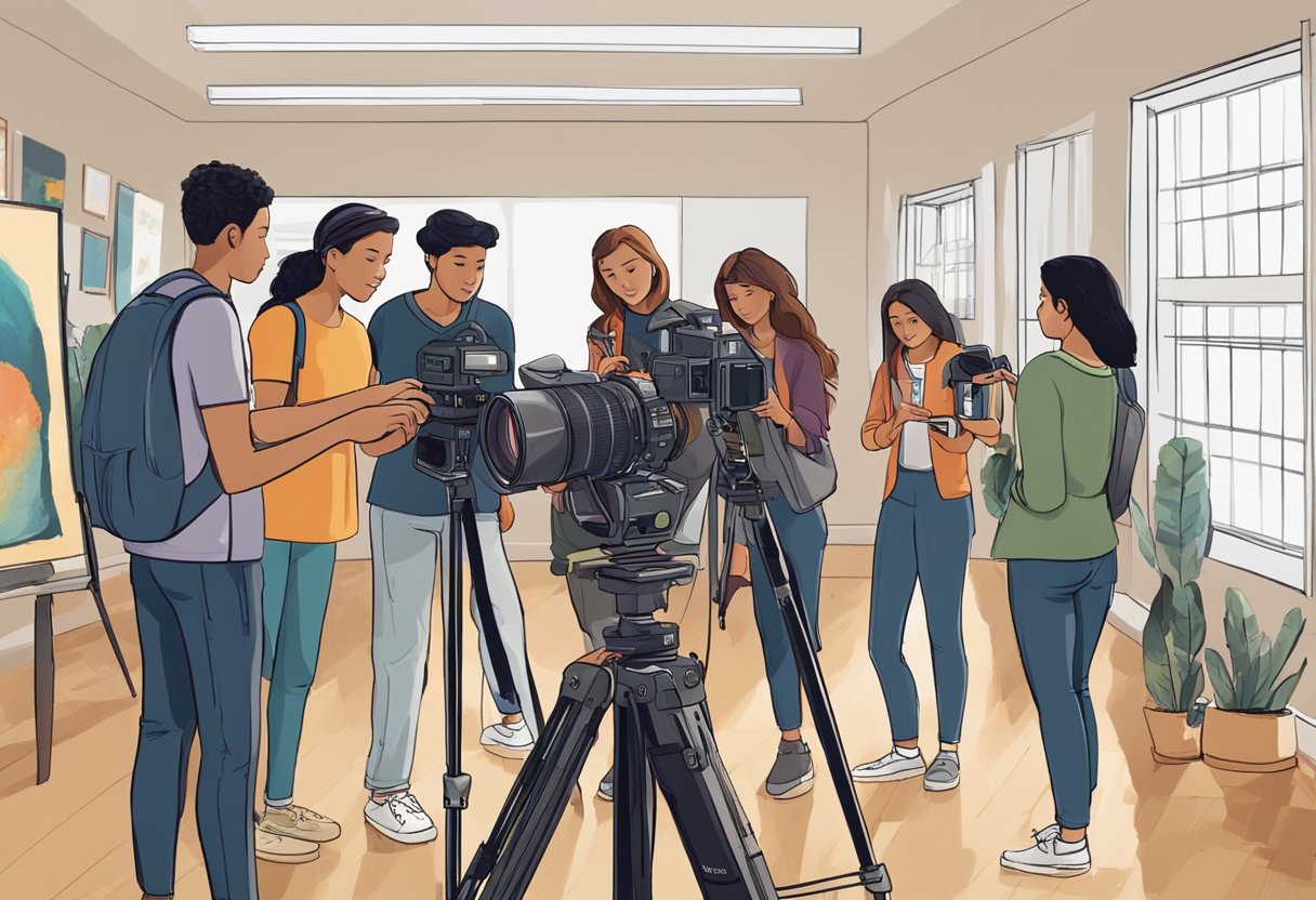 A group of students gather around a professional camera, while an instructor demonstrates how to adjust the settings. The room is filled with photography equipment and examples of stunning images