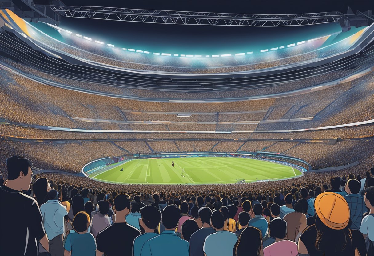 A crowded stadium in Singapore, lights flashing, fans cheering, and Ed Sheeran performing on stage