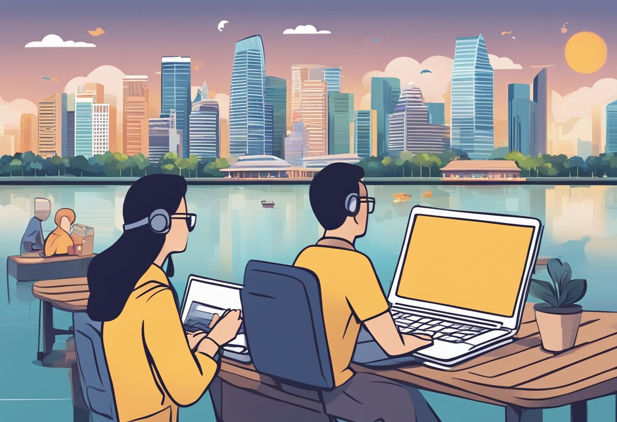 People searching online for weekend activities in Singapore. City skyline in background, laptop or smartphone in foreground. Text "Frequently Asked Questions what to do in Singapore this weekend" displayed on screen