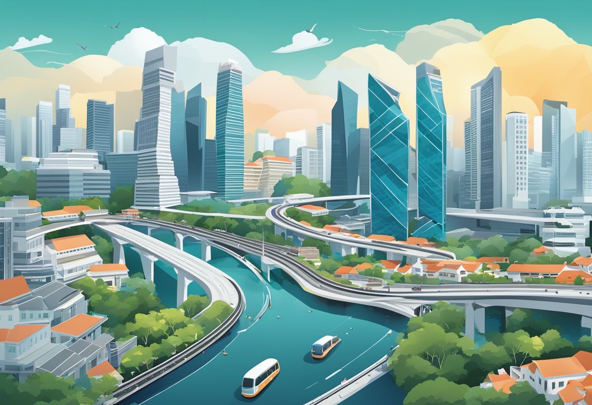 A bustling cityscape in Singapore, with iconic landmarks and modern architecture, and a network of roads and transportation systems