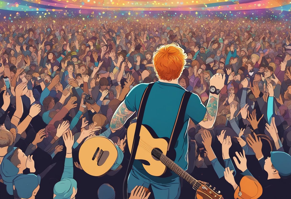 The crowd roars as Ed Sheeran performs on stage, surrounded by colorful lights and a sea of swaying fans