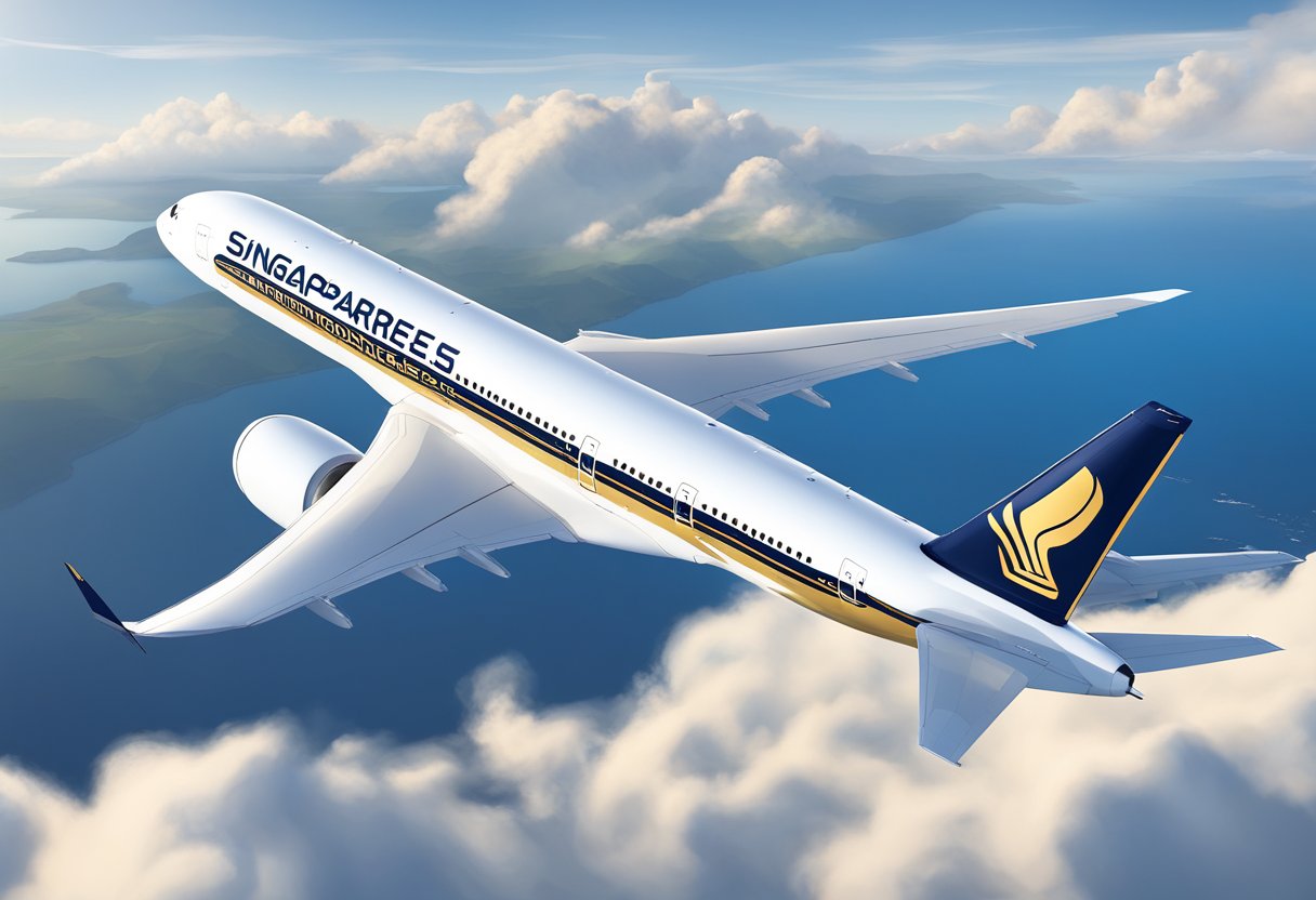 A Singapore Airlines A350-900 soaring through clear blue skies, with its elegant wings and sleek fuselage capturing the essence of modern aviation