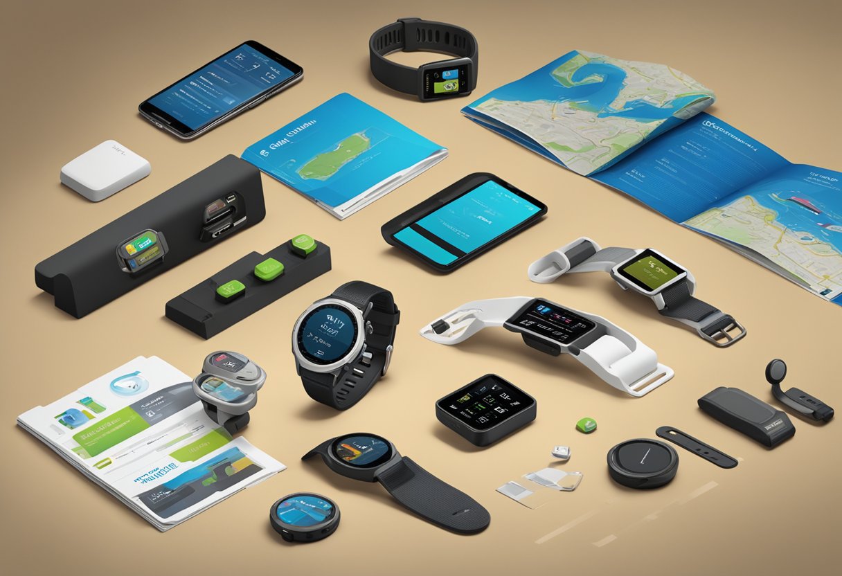 A table with various Garmin products displayed, including smartwatches, GPS devices, and fitness trackers. The products are arranged neatly with informational brochures and promotional materials nearby