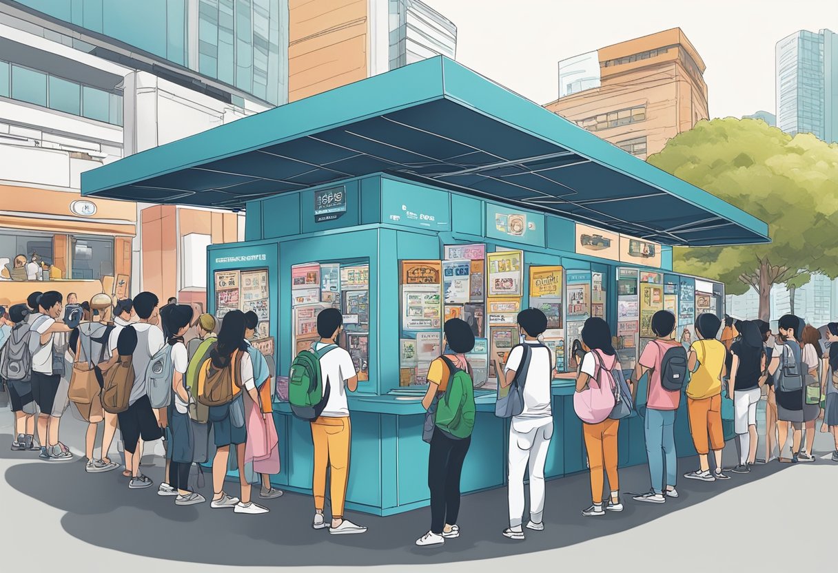 The crowd gathers around the ticket booth, eagerly waiting to purchase their tickets for the upcoming Ed Sheeran concert in Singapore. The colorful posters and signs advertise the event, creating a buzz of excitement in the air