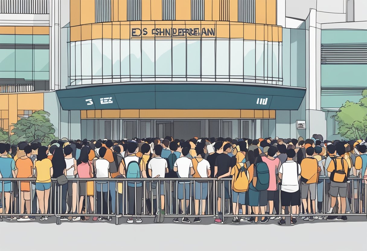 Fans gather outside the concert venue in Singapore, eagerly awaiting Ed Sheeran's performance. The crowd buzzes with excitement as they line up to enter