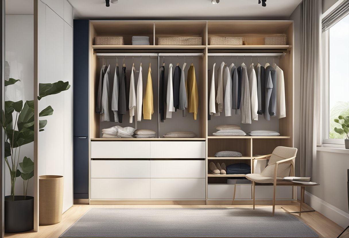 A modern, sleek IKEA wardrobe in a well-lit Singaporean bedroom, with clean lines and minimalist design