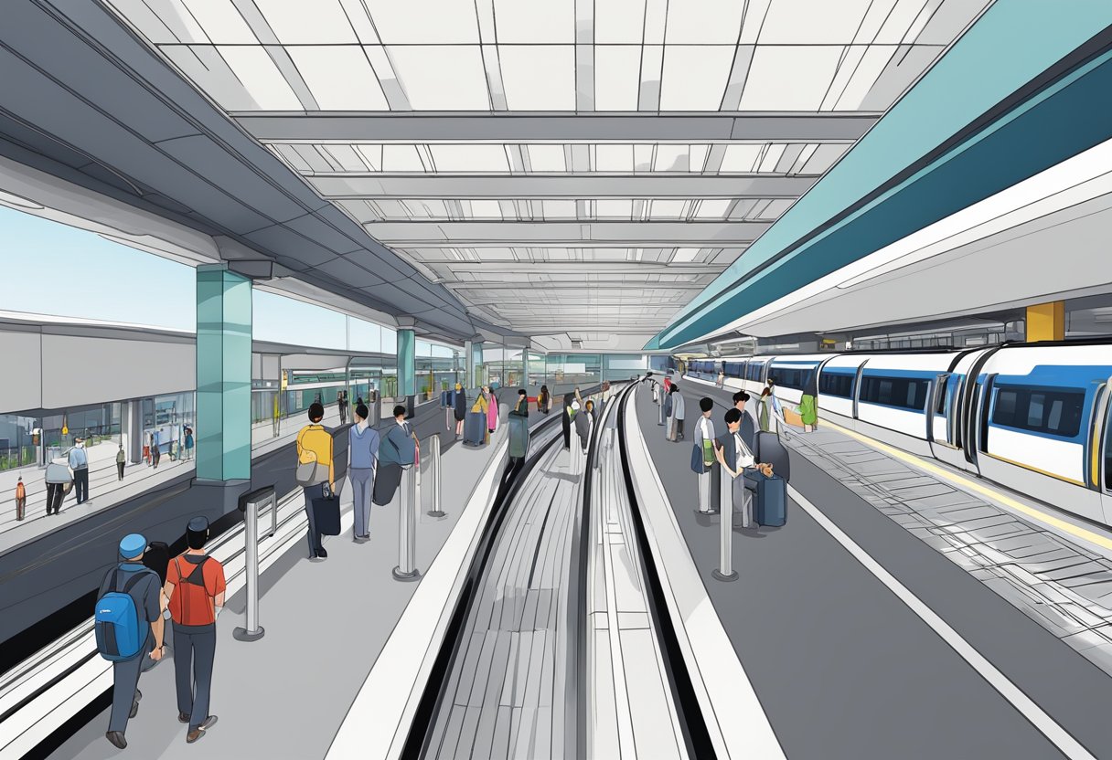The HSR Singapore station bustles with travelers and sleek trains on the platform. The modern architecture and clean lines create a sense of efficiency and progress
