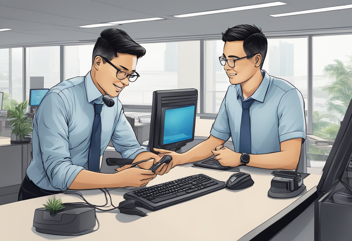A customer service representative assists a client with a Garmin product at a help desk in Singapore