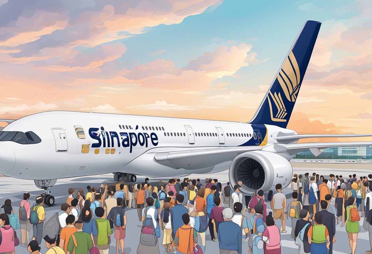 An Airbus A350-900 parked at Singapore airport with a crowd of passengers boarding