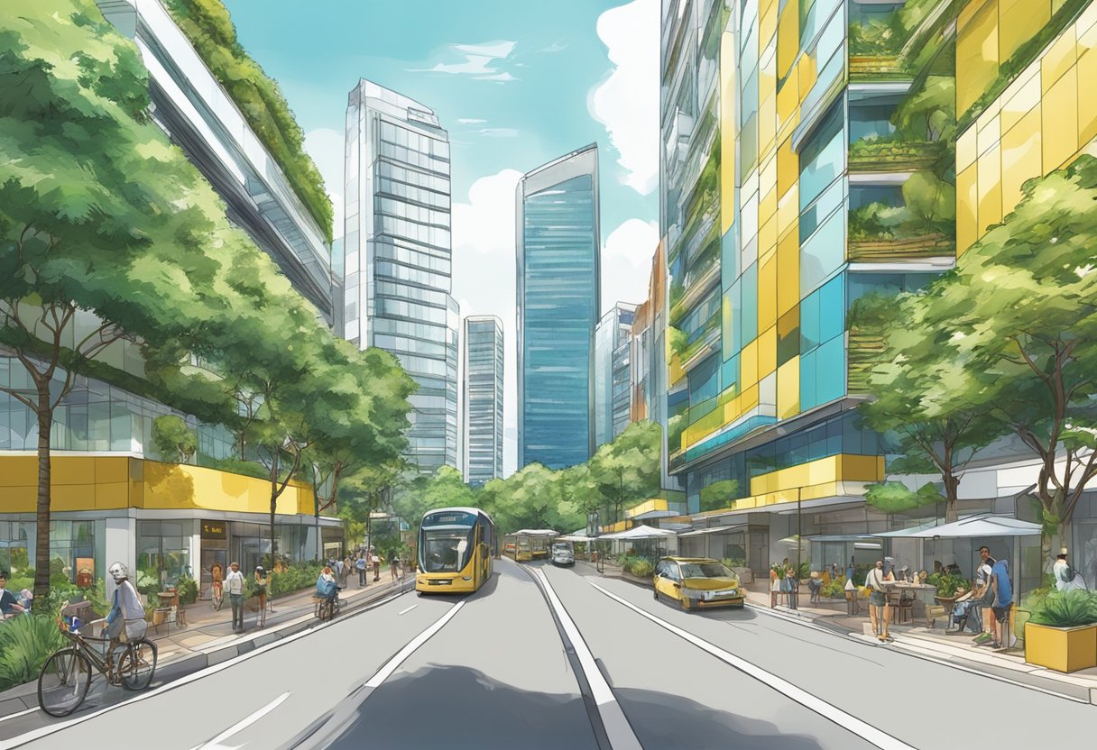 The bustling streets of The Hive Singapore, with modern architecture and lush greenery, create a vibrant and dynamic urban scene