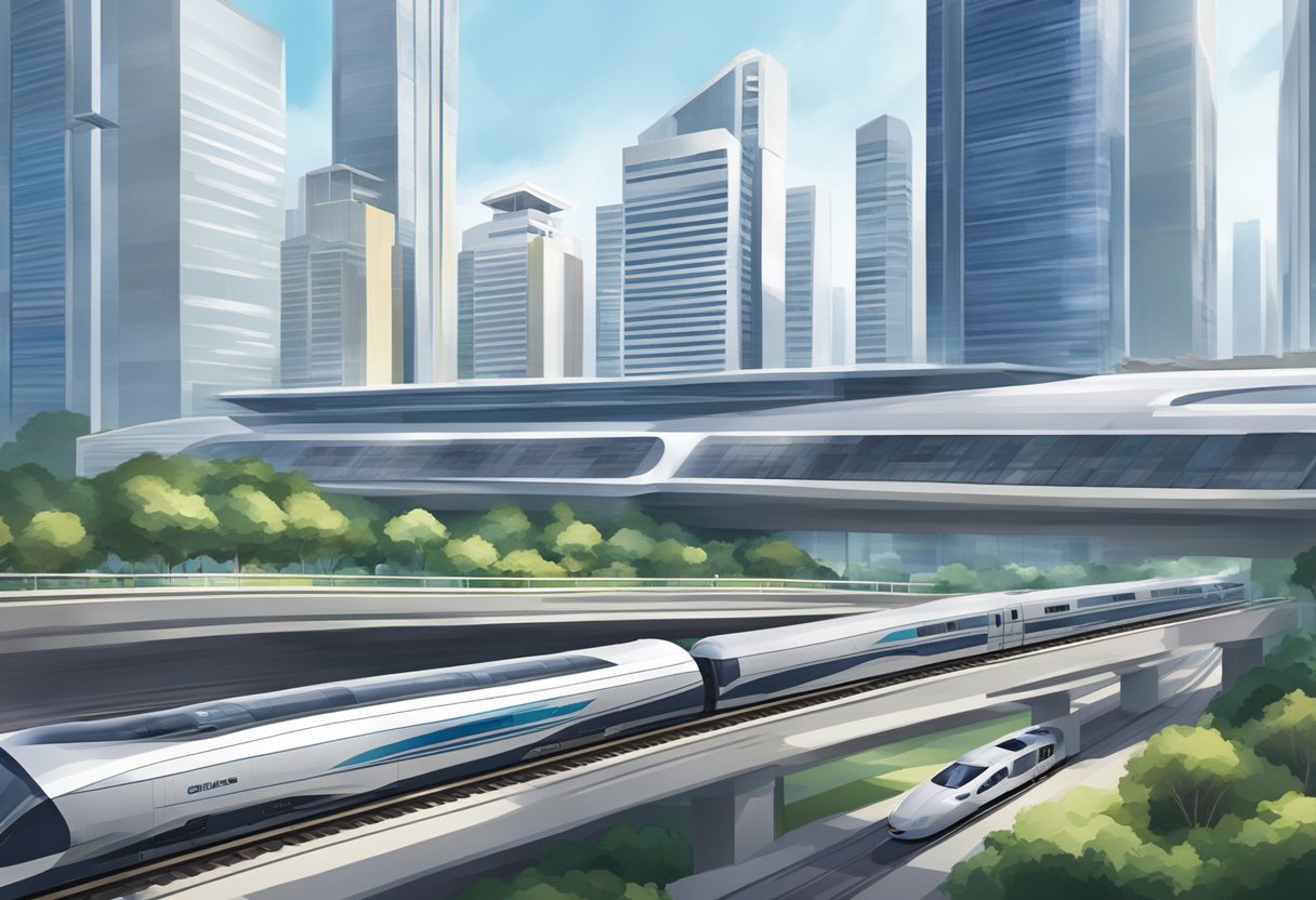 The bustling cityscape of Singapore's HSR project, with modern skyscrapers and sleek high-speed trains moving through the urban landscape