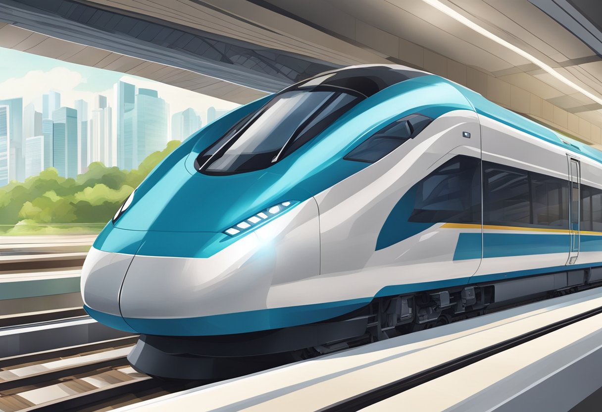 A sleek high-speed train races past modern stations in Singapore