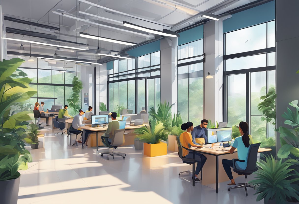 A bustling, modern co-working space with sleek, futuristic architecture and vibrant pops of color, surrounded by lush greenery and a buzzing atmosphere