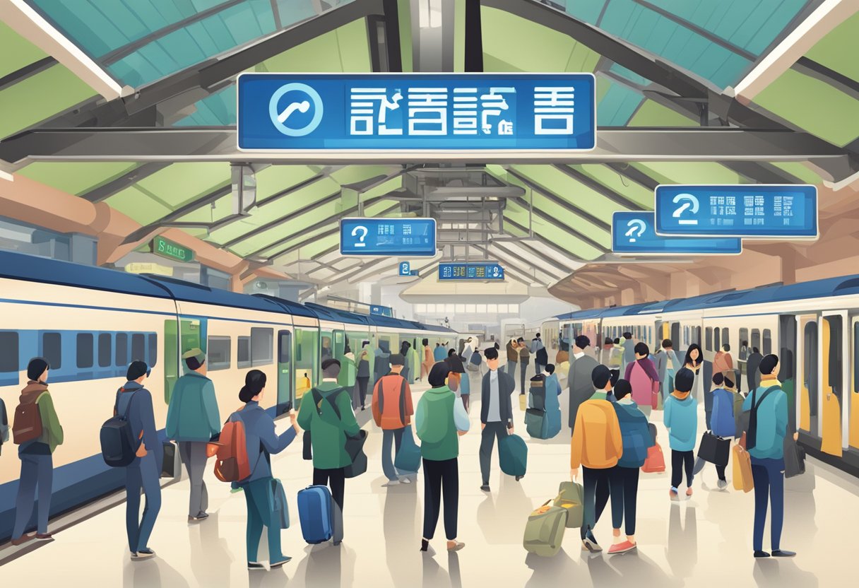 A bustling train station with a prominent "Frequently Asked Questions" sign in English and Chinese, surrounded by commuters and ticket machines