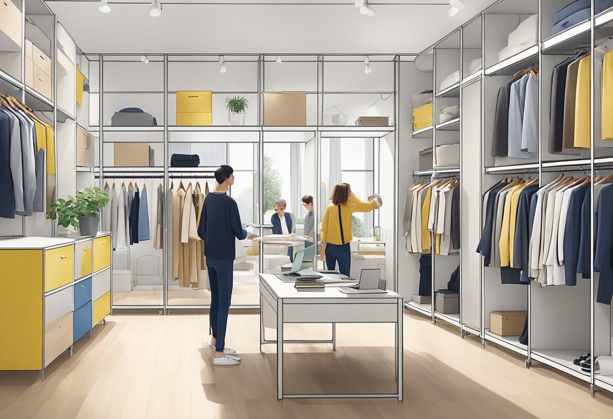 Customers browsing through various IKEA wardrobe designs in a spacious showroom in Singapore