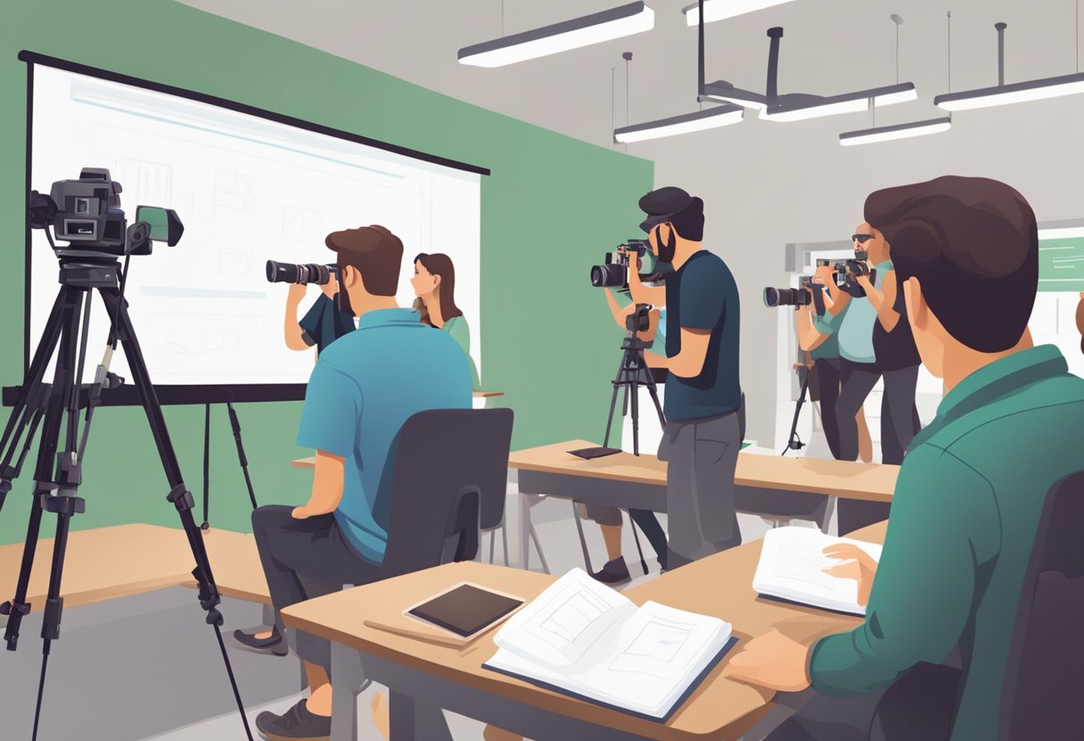 A group of photographers learning in a classroom with cameras, tripods, and notebooks. The instructor demonstrates techniques on a large screen