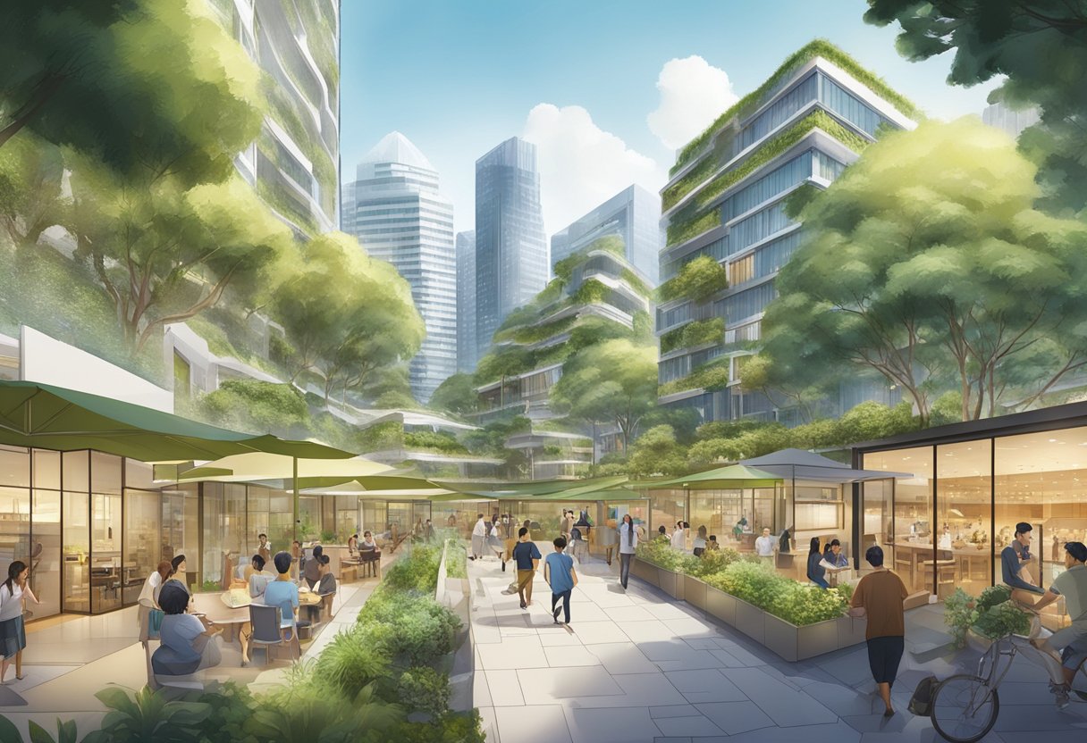 A bustling network of interconnected buildings and green spaces, buzzing with activity and collaboration at The Hive Singapore