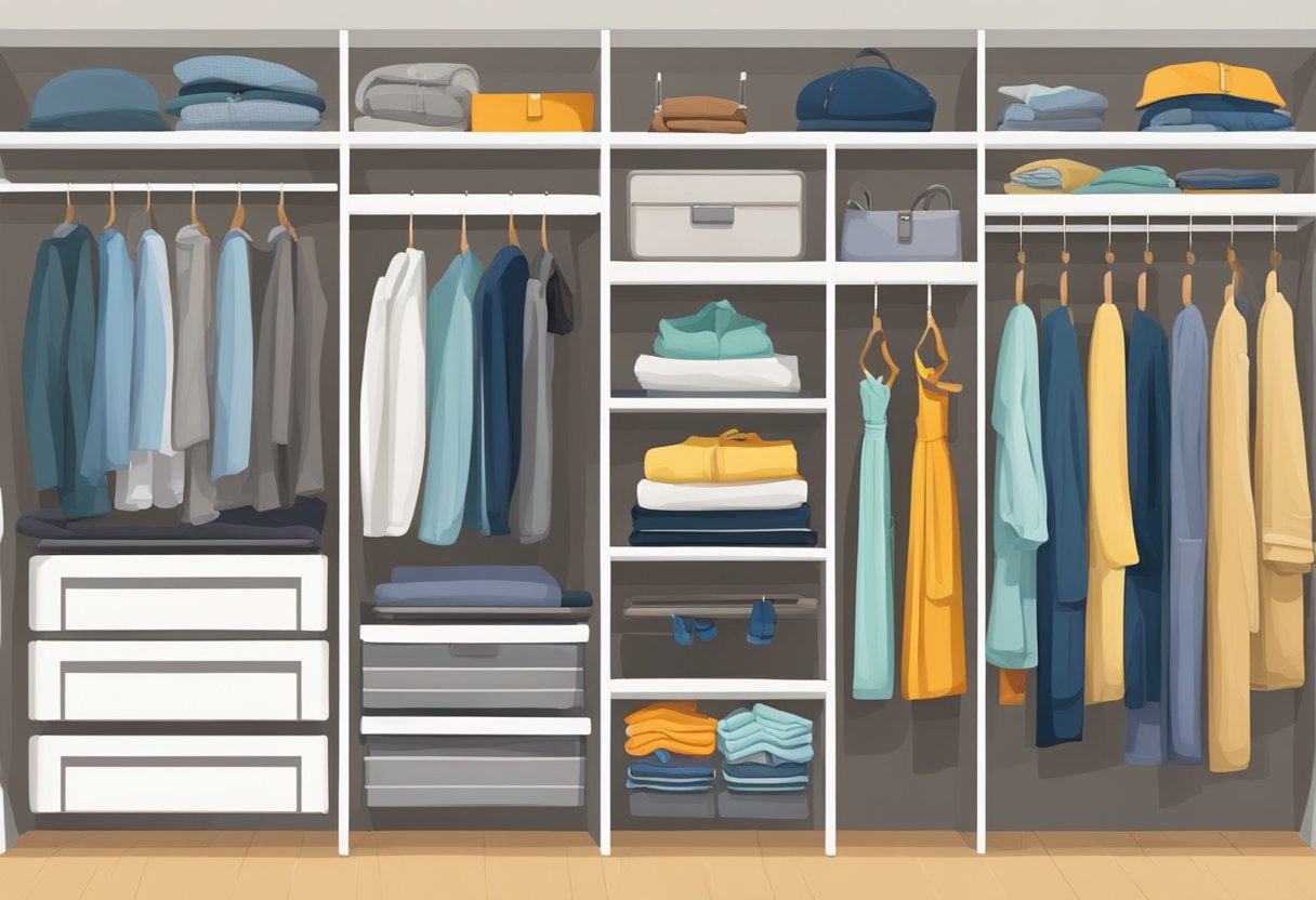 A neatly organized wardrobe with shelves, drawers, and hanging rods filled with neatly folded clothes and accessories