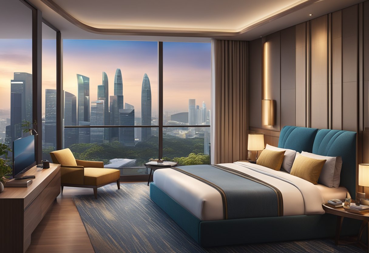 A luxurious hotel room in Singapore with a cozy bed, modern furnishings, and a stunning view of the city skyline