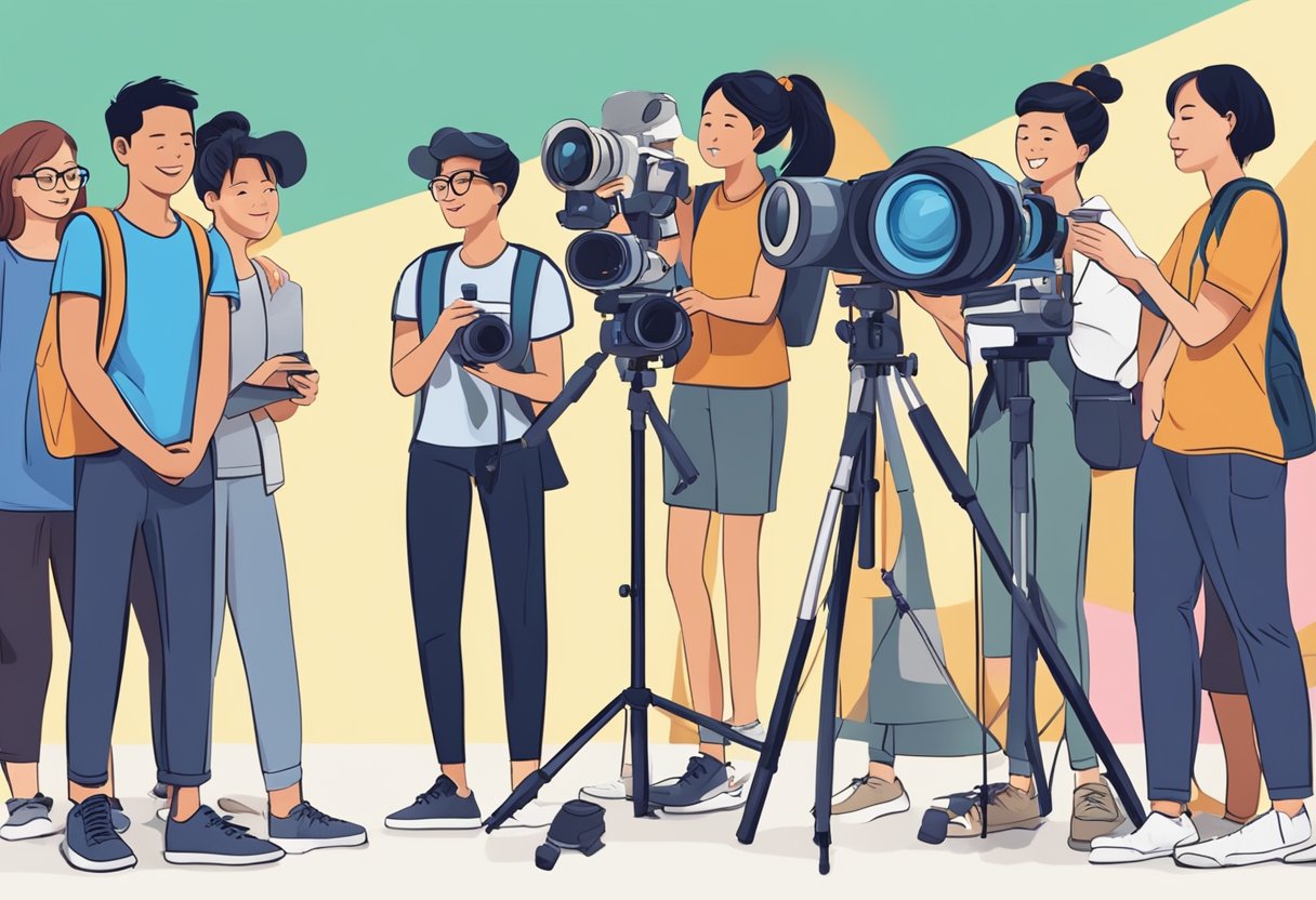 A diverse group of students eagerly engage in a photography class in Singapore, surrounded by cameras, tripods, and vibrant images