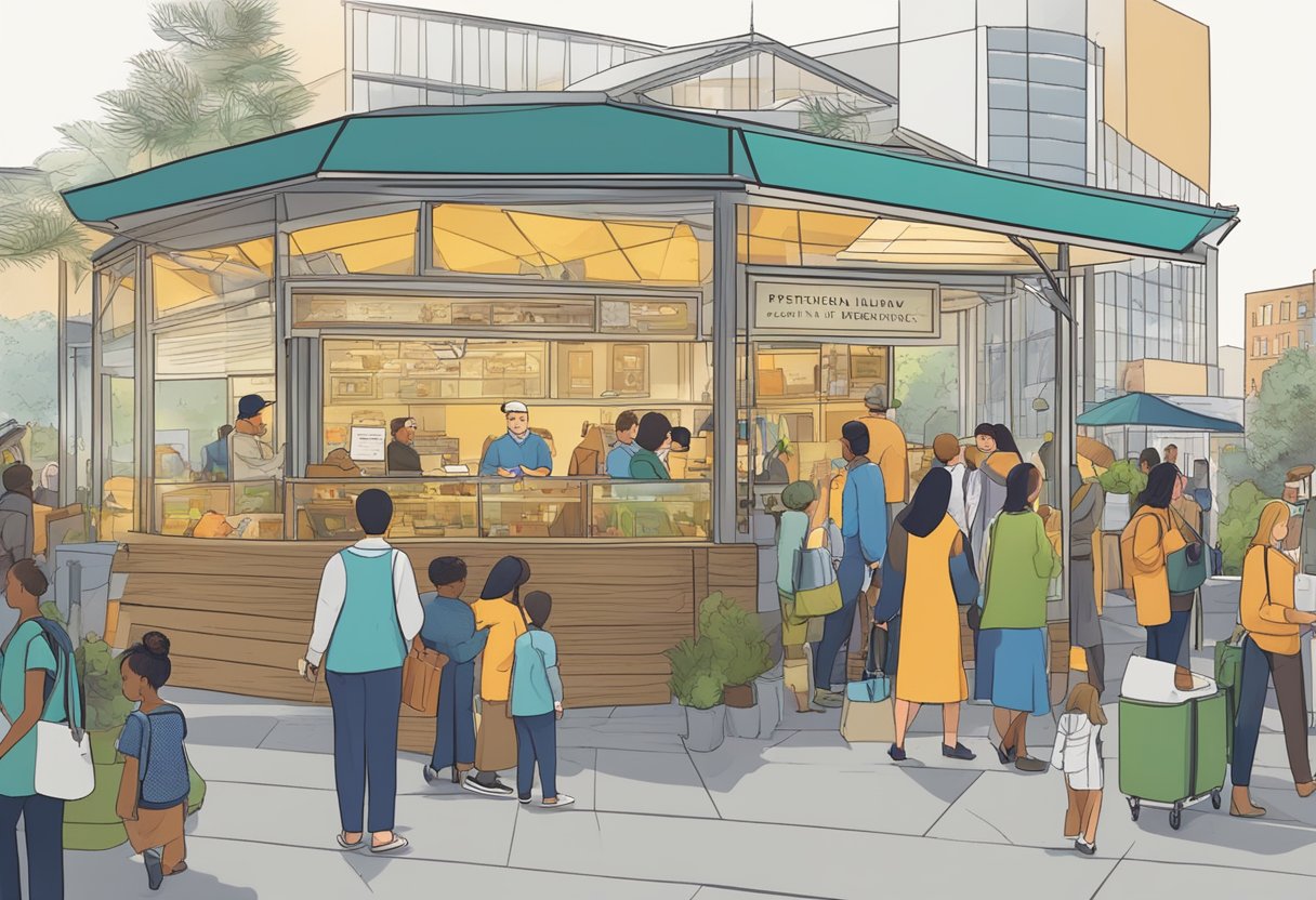 A bustling hive with people seeking information, signage, and friendly staff assisting visitors