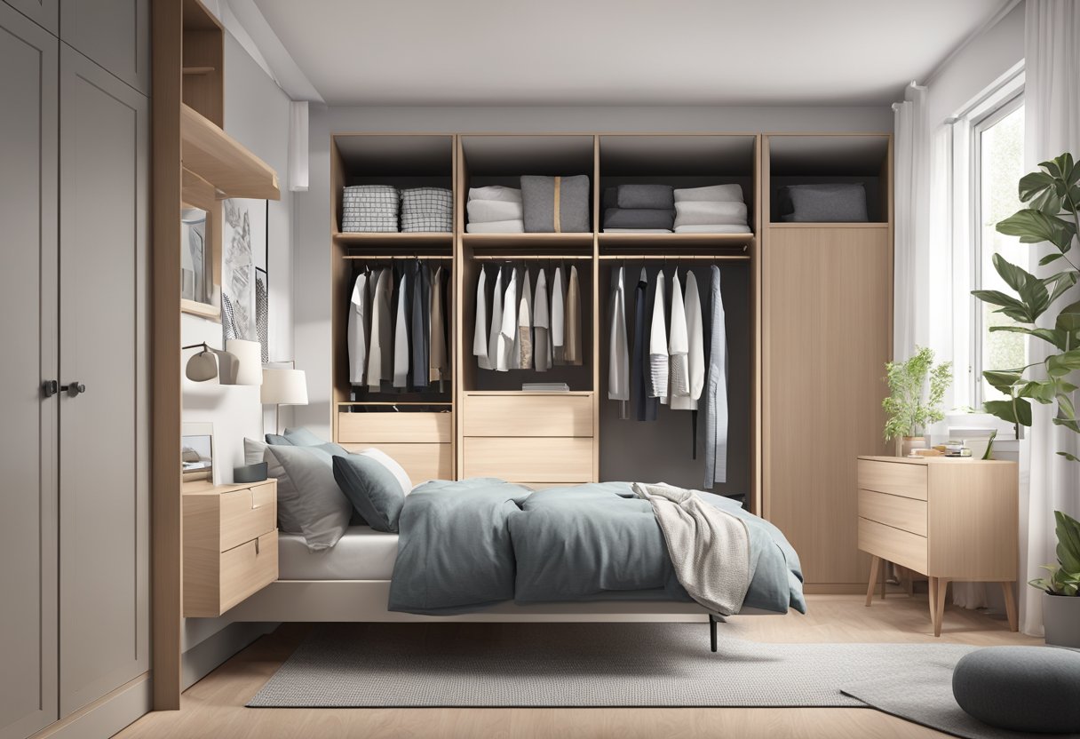 A modern, organized bedroom with a sleek IKEA wardrobe in the corner. The wardrobe is open, revealing neatly folded clothes and organized shelves