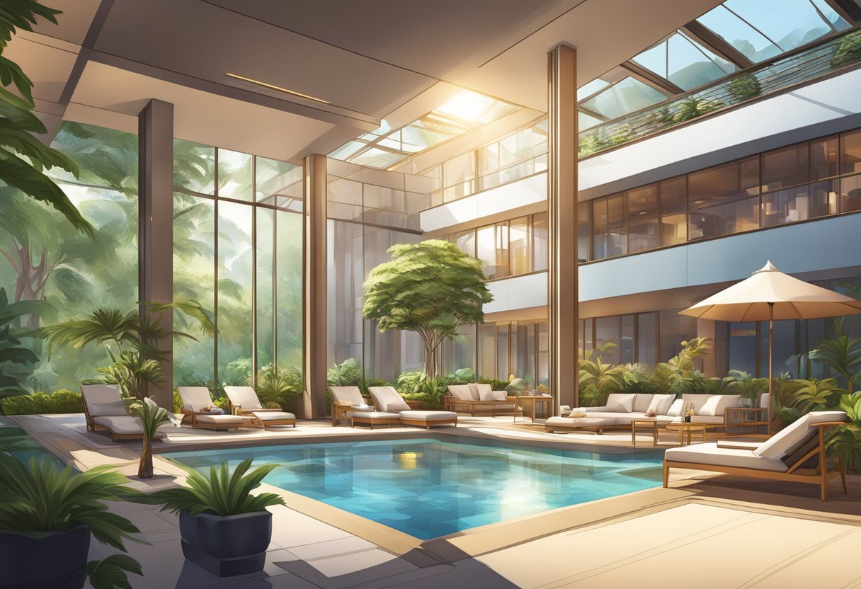 A family lounges by the pool at a luxurious Singapore hotel, surrounded by lush greenery and modern architecture. The sun shines down, casting a warm glow on the tranquil scene