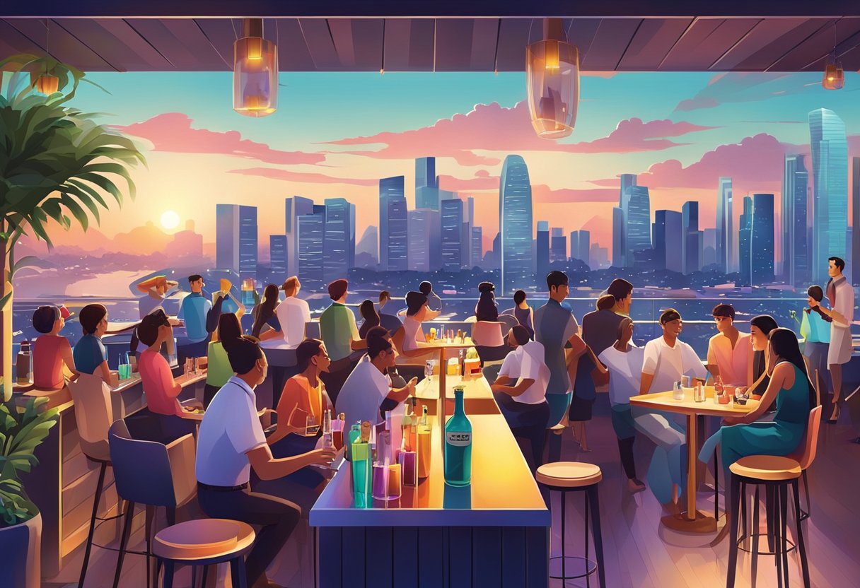 A vibrant rooftop bar with panoramic city views and colorful cocktails, surrounded by lively music and a diverse crowd in Singapore