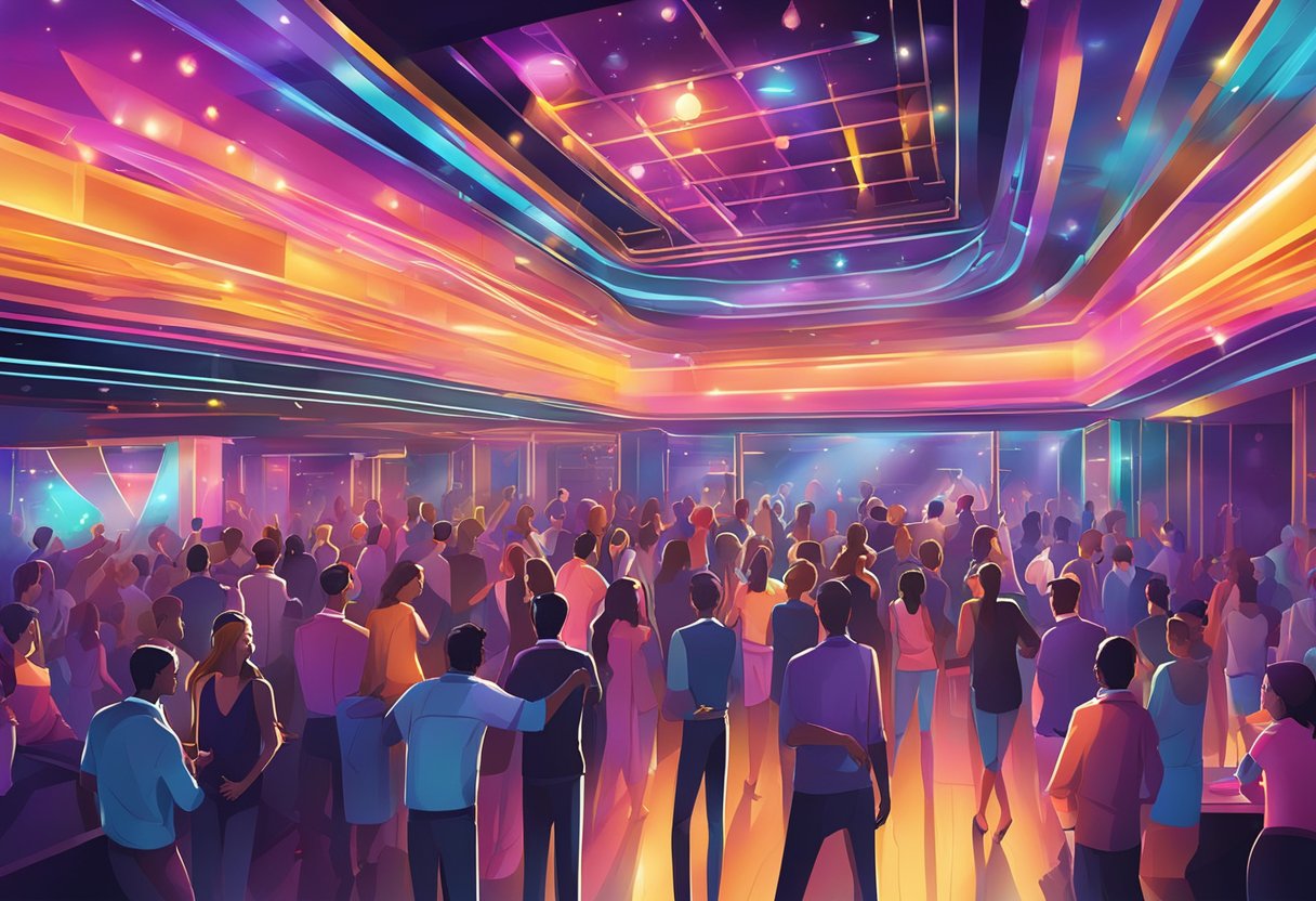 A vibrant nightclub with pulsing lights and a crowded dance floor, surrounded by sleek bars and stylish lounges