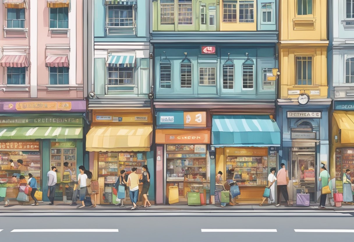 A bustling street in Singapore, with colorful shopfronts and a prominent tinbox store sign