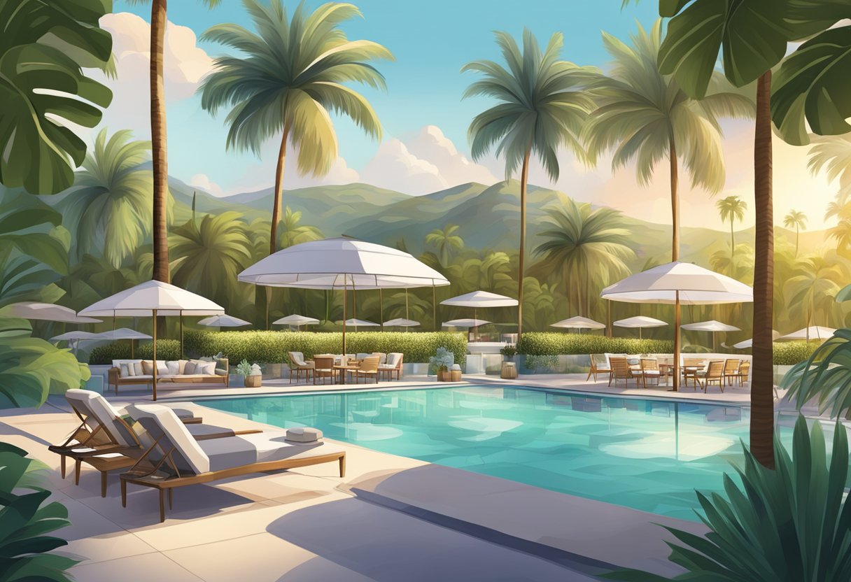 A lush hotel pool surrounded by palm trees, with a table set for a gourmet meal and a cozy outdoor lounge area
