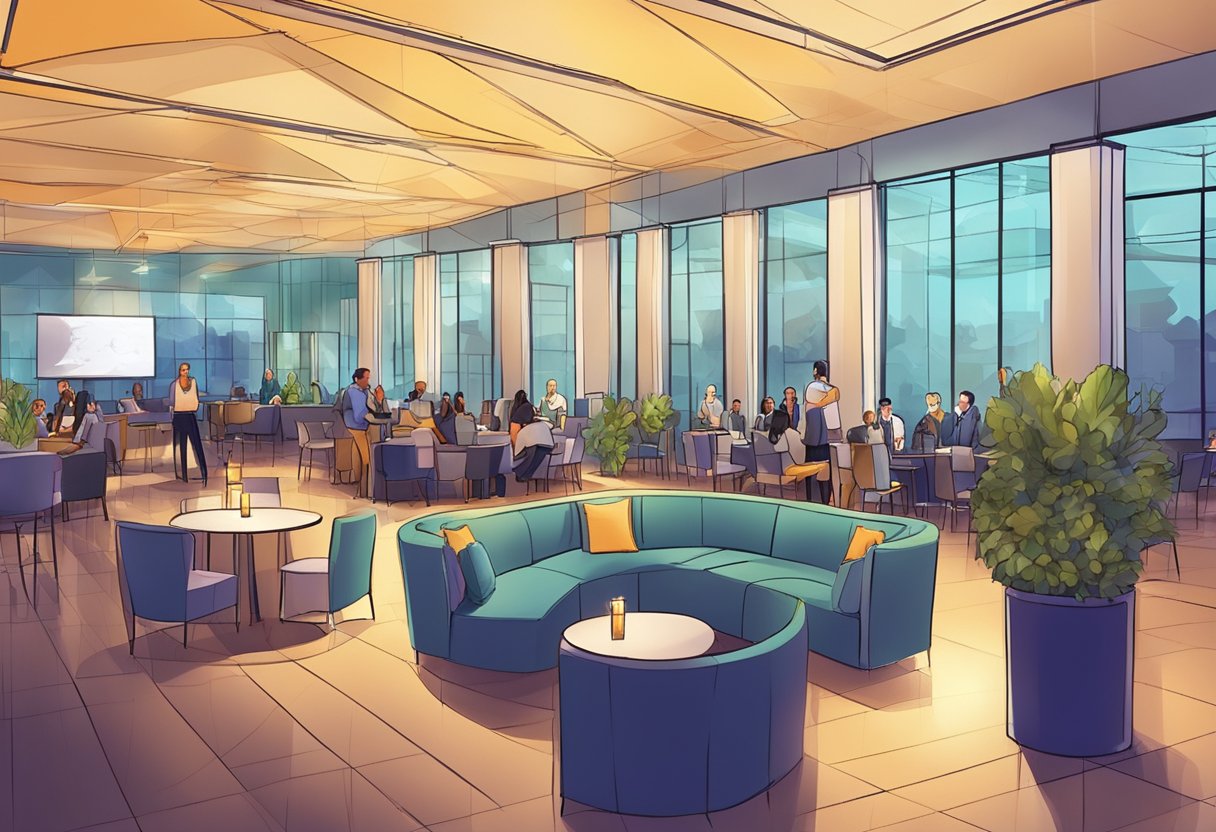 A bustling event venue with modern decor, vibrant lighting, and a spacious layout. Multiple areas for networking, presentations, and socializing