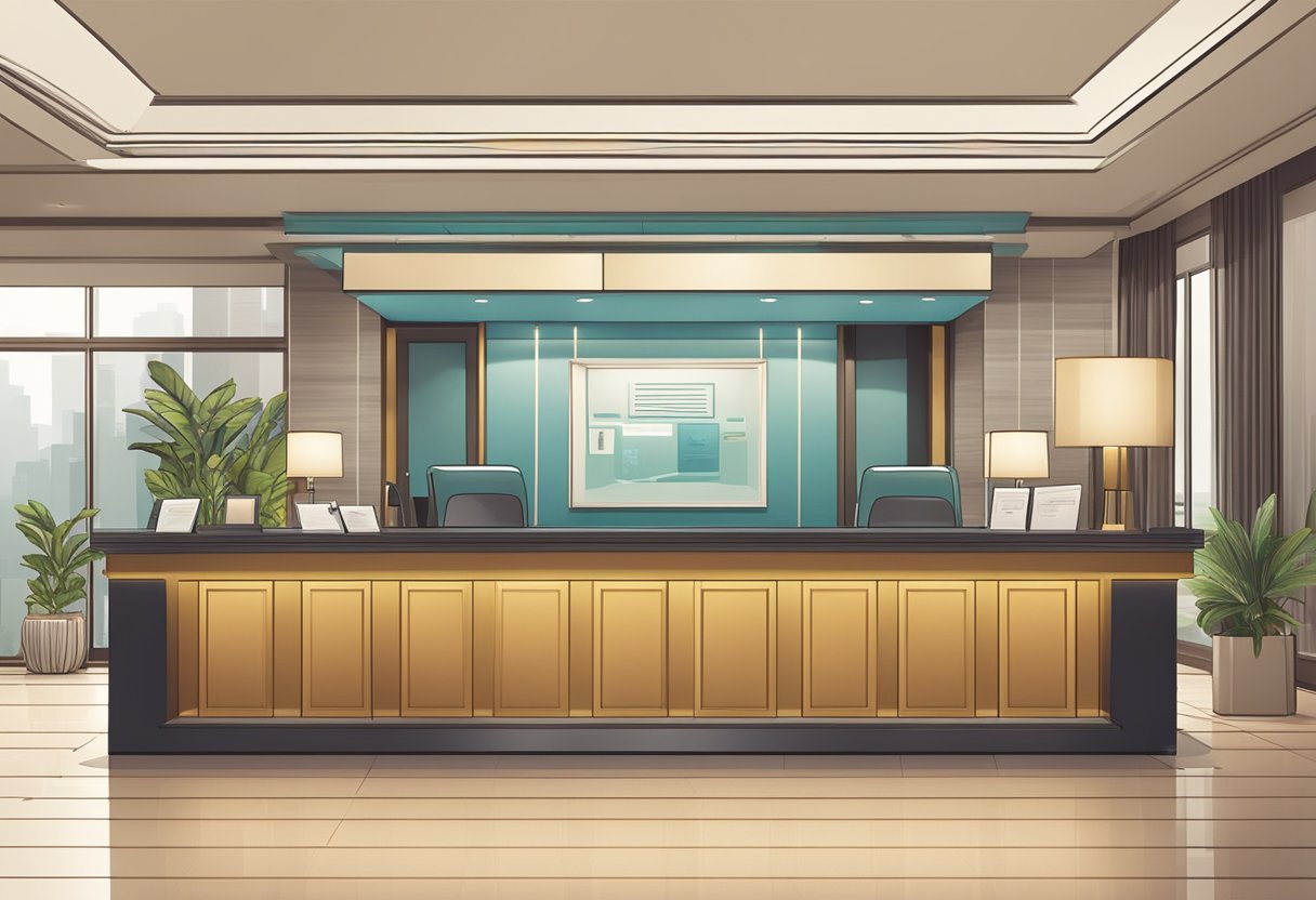 A hotel lobby with a reception desk, comfortable seating, and a display of brochures and pamphlets. A sign reads "Frequently Asked Questions" for hotel staycation in Singapore