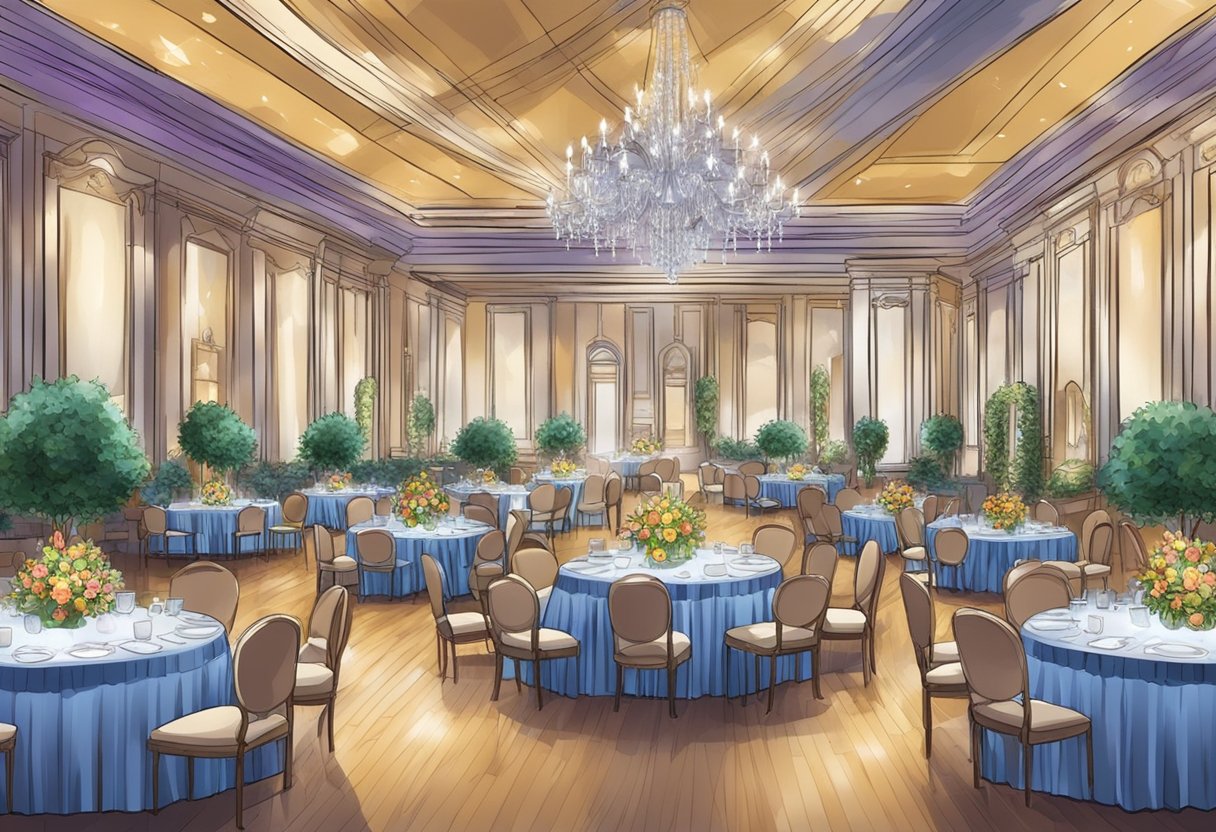 A bustling event hall with colorful decorations, tables adorned with elegant centerpieces, and a stage set for live entertainment