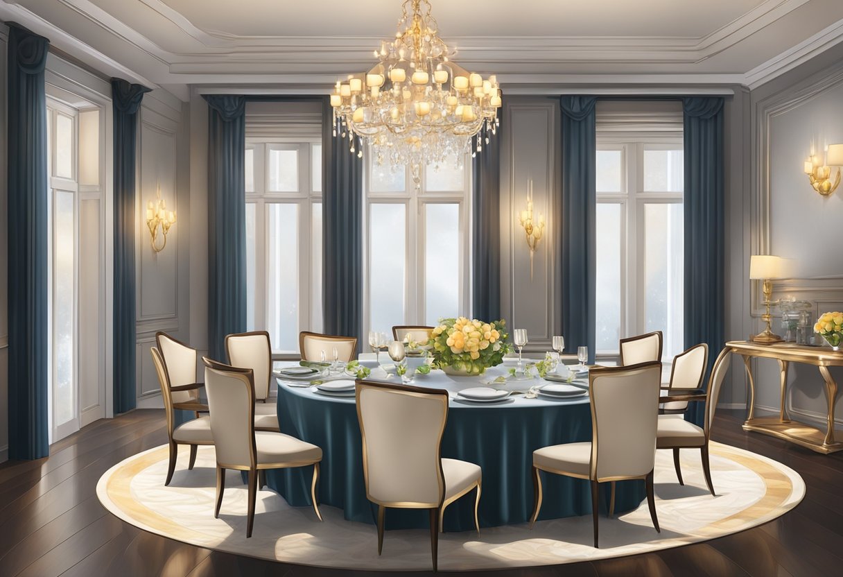 A table set with elegant dinnerware and a glowing candle centerpiece, surrounded by luxurious chairs in a sophisticated dining room