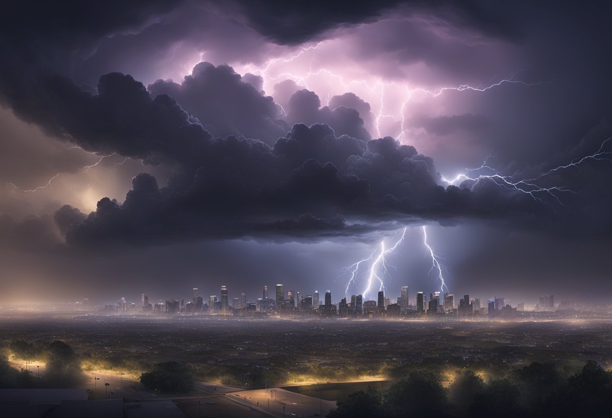 Dark storm clouds loom over the city, as lightning strikes illuminate the sky, casting an eerie glow over the landscape