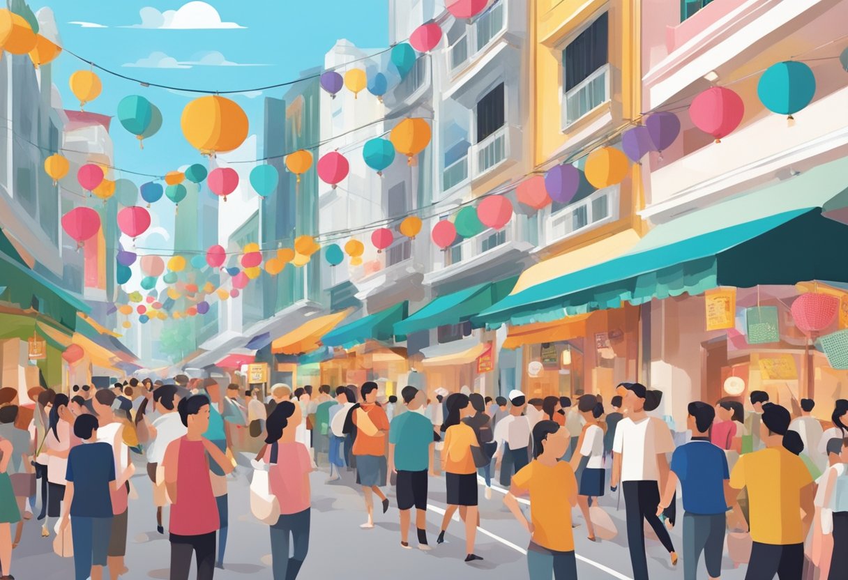 A bustling Singapore street with colorful signs advertising party venues, surrounded by excited groups of people